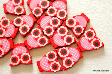 Red And Pink Owl Wood Beads x 10